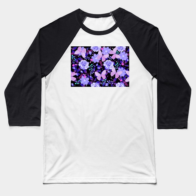 Purple Flora and Fauna Butterflies and Flowers on Black Baseball T-Shirt by FrostedSoSweet